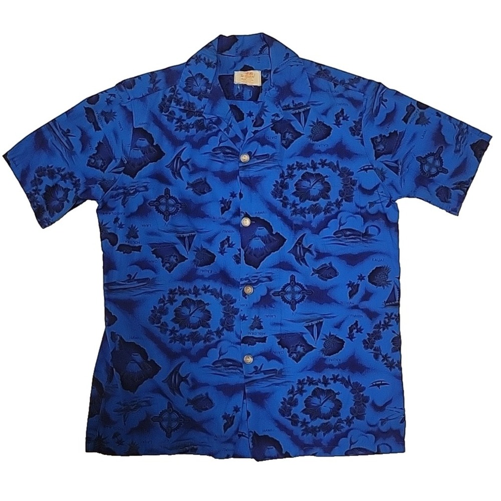Ui-Maikai Hawaiian Shirt Mens Small? Blue Floral Nautical Compass Vintage